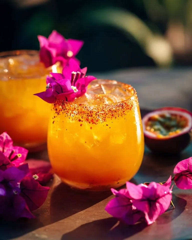 A refreshing Spicy Passion Fruit Margarita served in a glass with lime and chili garnish.