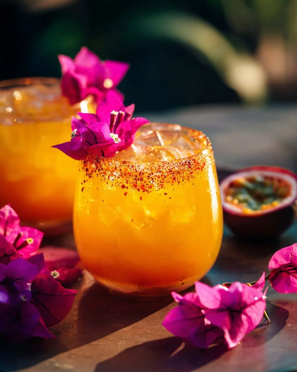 A refreshing Spicy Passion Fruit Margarita served in a glass with lime and chili garnish.