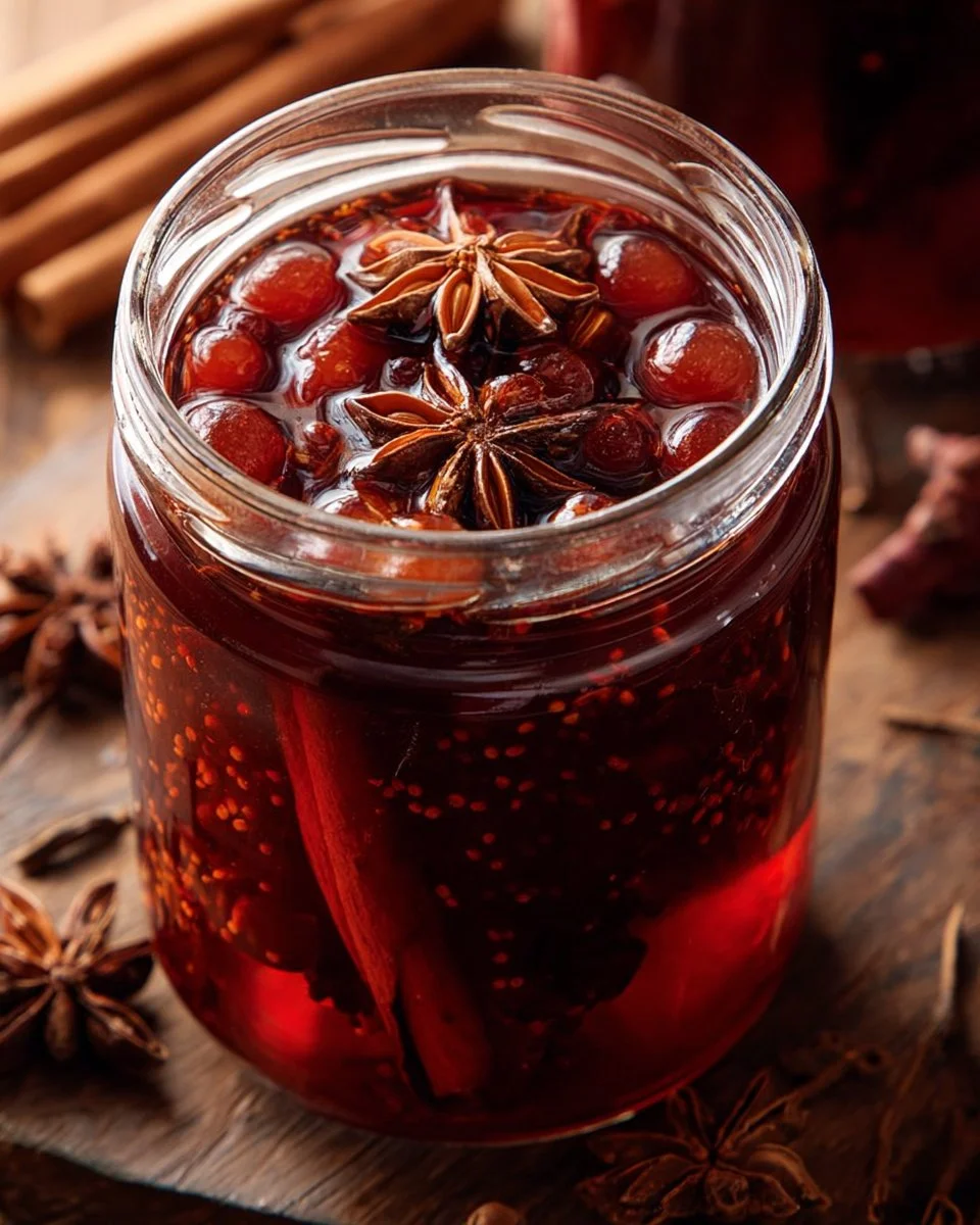 Spicy pickled strawberries in a jar with herbs and spices