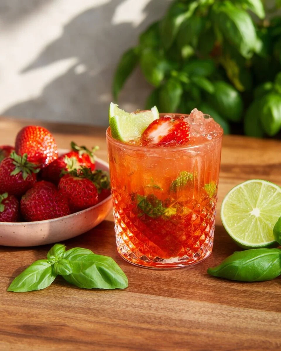 Strawberry Basil Sparkling Mocktail with fresh strawberries and basil leaves
