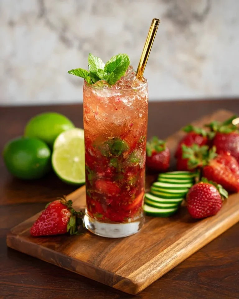 Refreshing Strawberry Cucumber Cooler Mocktail in a glass with mint