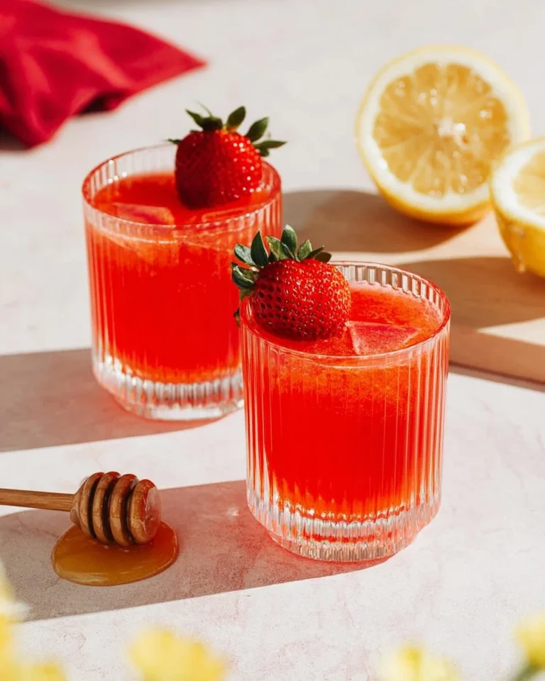 Refreshing glass of strawberry lemonade with fresh strawberries and lemon slices