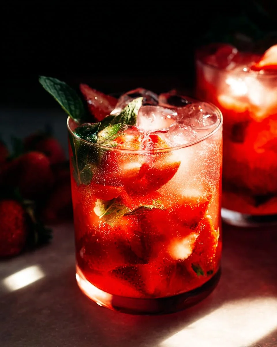 Refreshing Strawberry Rhubarb Mojito served in a glass with mint leaves