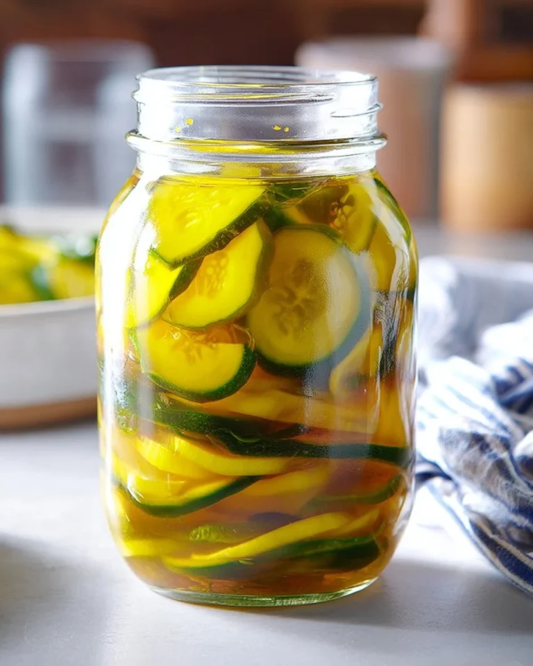 Jar of homemade sweet and sour zucchini pickles on a kitchen counter