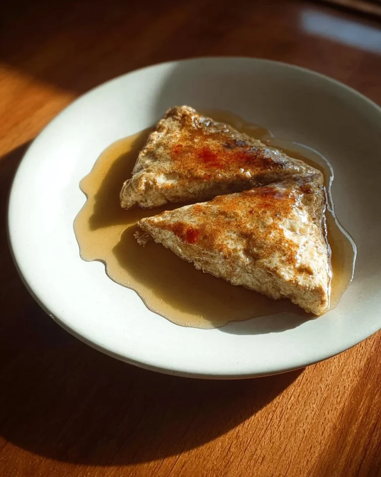 Sweet Matzo Brei served with syrup and powdered sugar on a plate