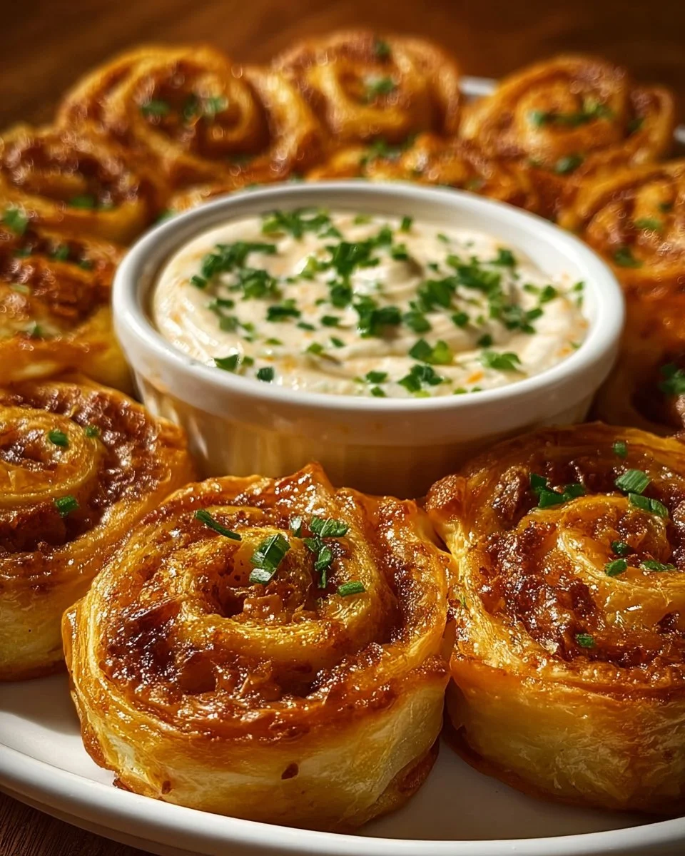 Taco pinwheels filled with cheese and served with creamy dipping sauce