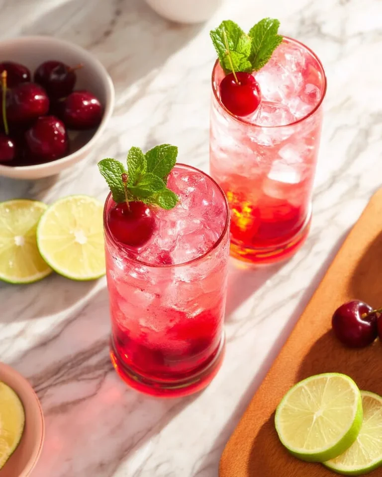 Delicious Shirley Temple mocktail garnished with cherries and a slice of orange.