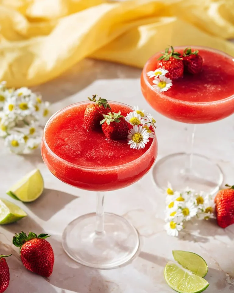 Delicious virgin strawberry daiquiri served in a glass with fresh strawberries.