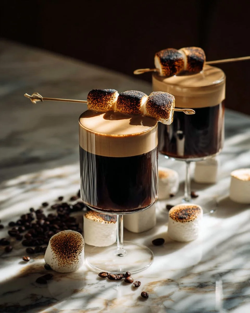Toasted Marshmallow Espresso Martini cocktail with garnished toasted marshmallows