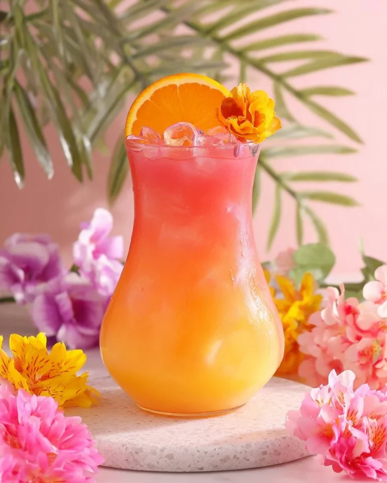 Colorful Tropical Mocktail served with fruit garnishes in a sunny setting