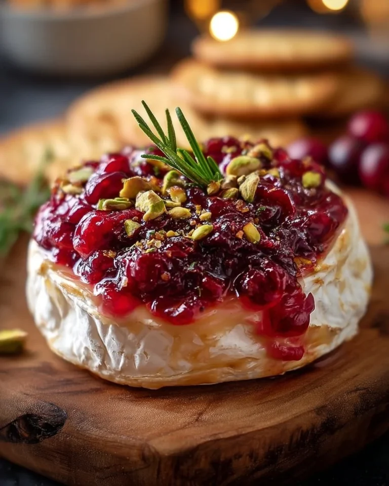 Warm cranberry stuffed brie with pistachios and rosemary served on a platter
