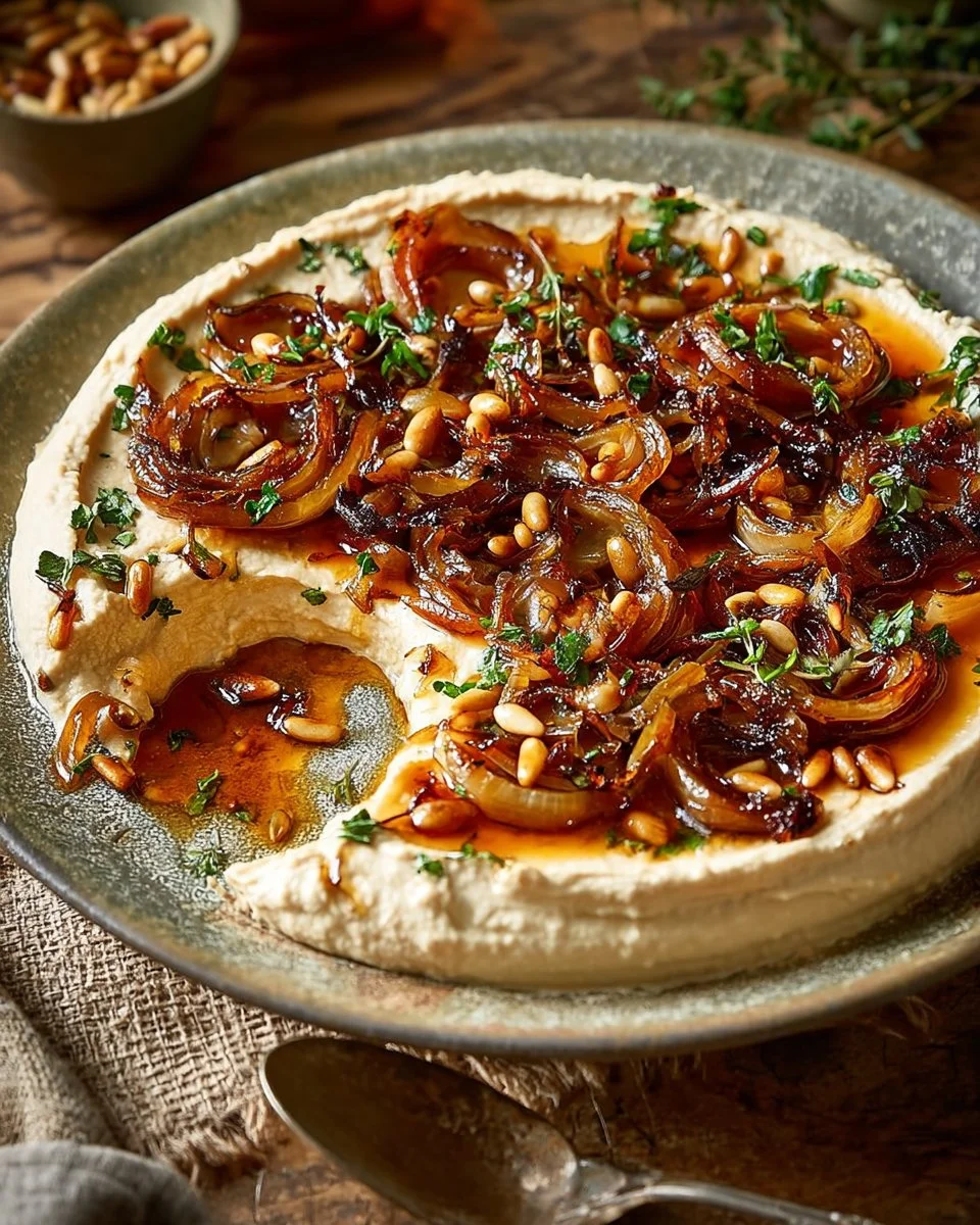 Whipped white bean spread with caramelized onions and rosemary in a bowl