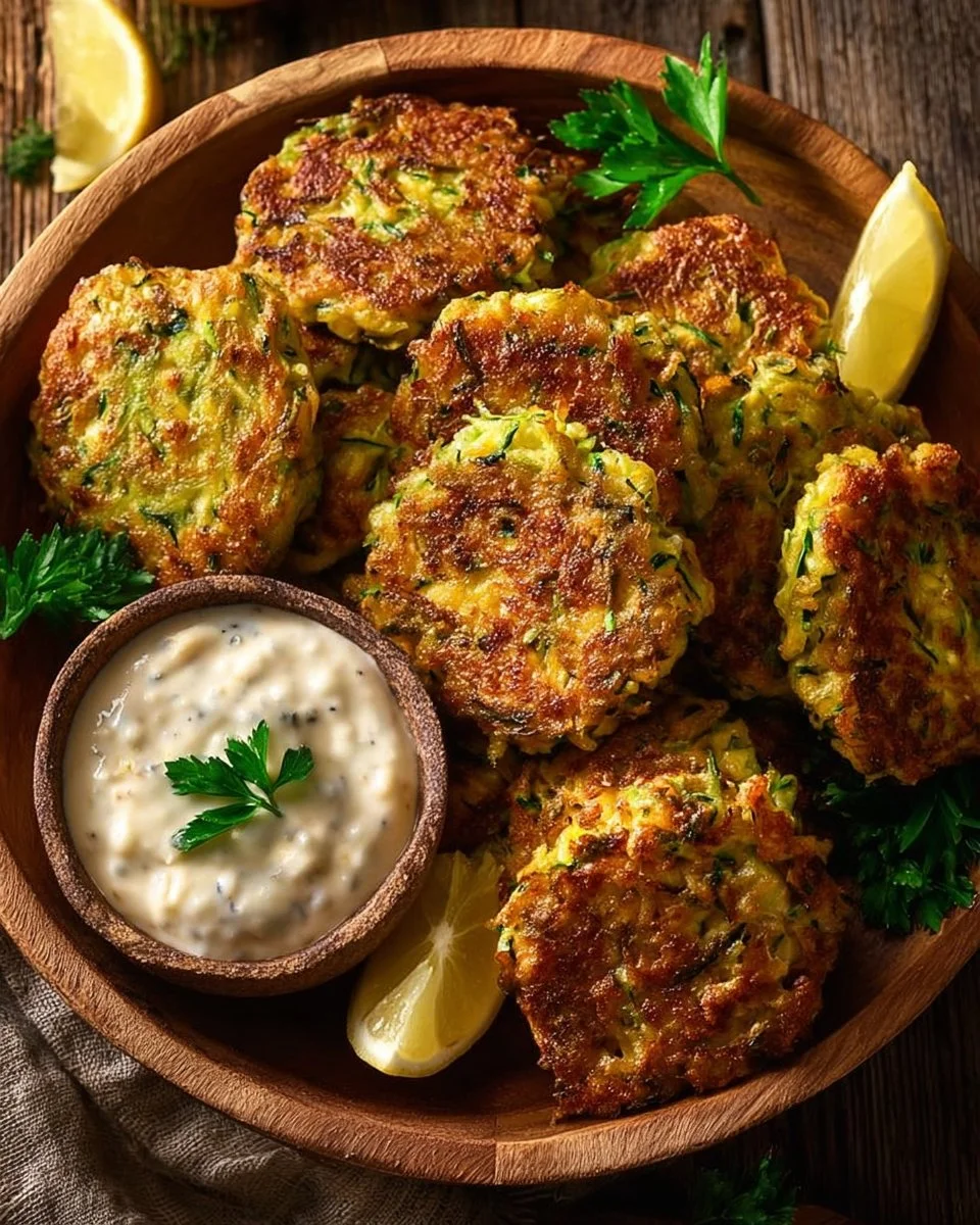 Zucchini and pea fritters garnished with fresh herbs on a plate.