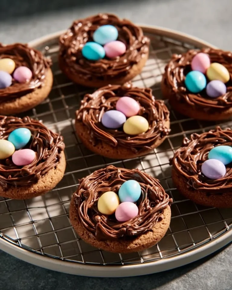 Easter Birds Nest Cookies decorated with chocolate and candy eggs.