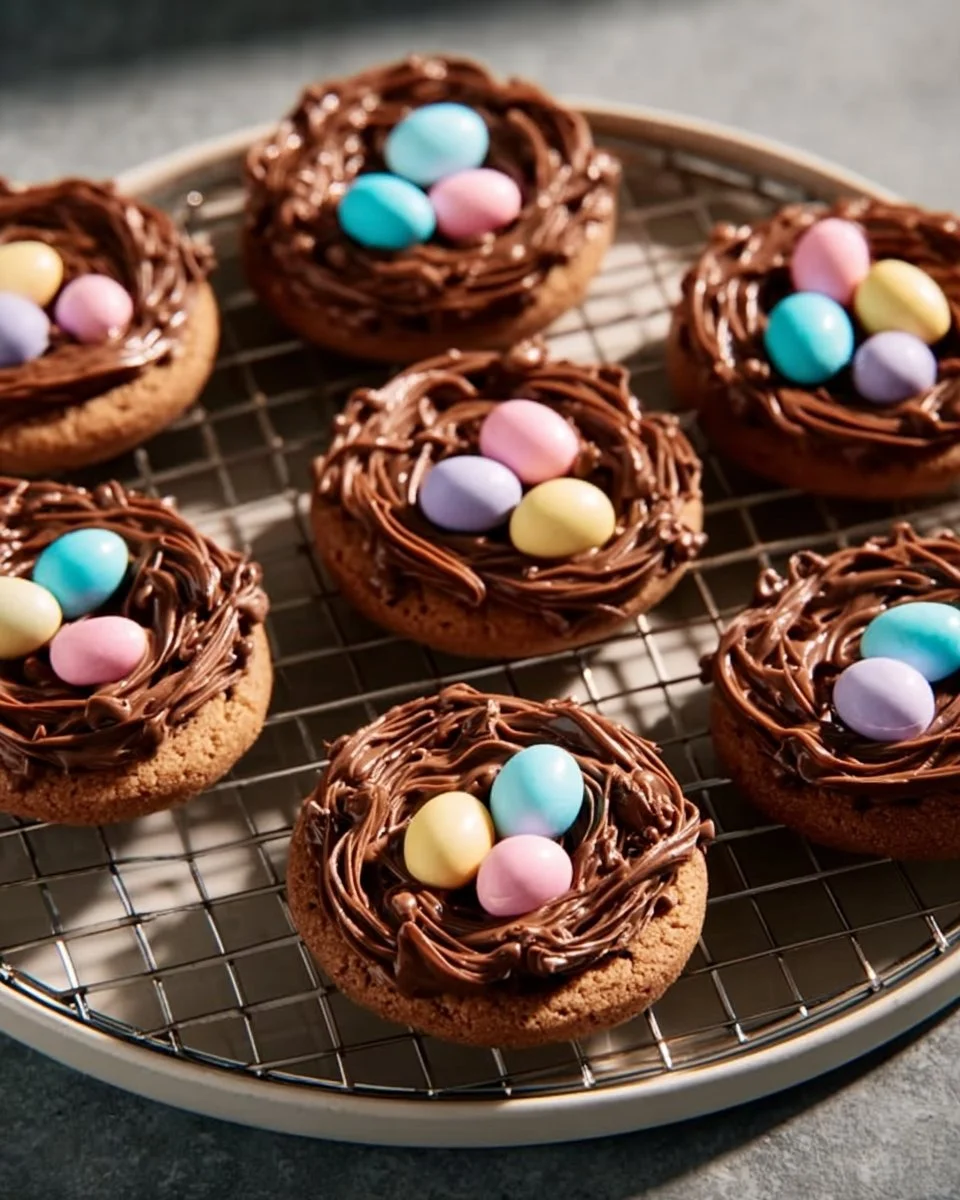 Easter Birds Nest Cookies decorated with chocolate and candy eggs.