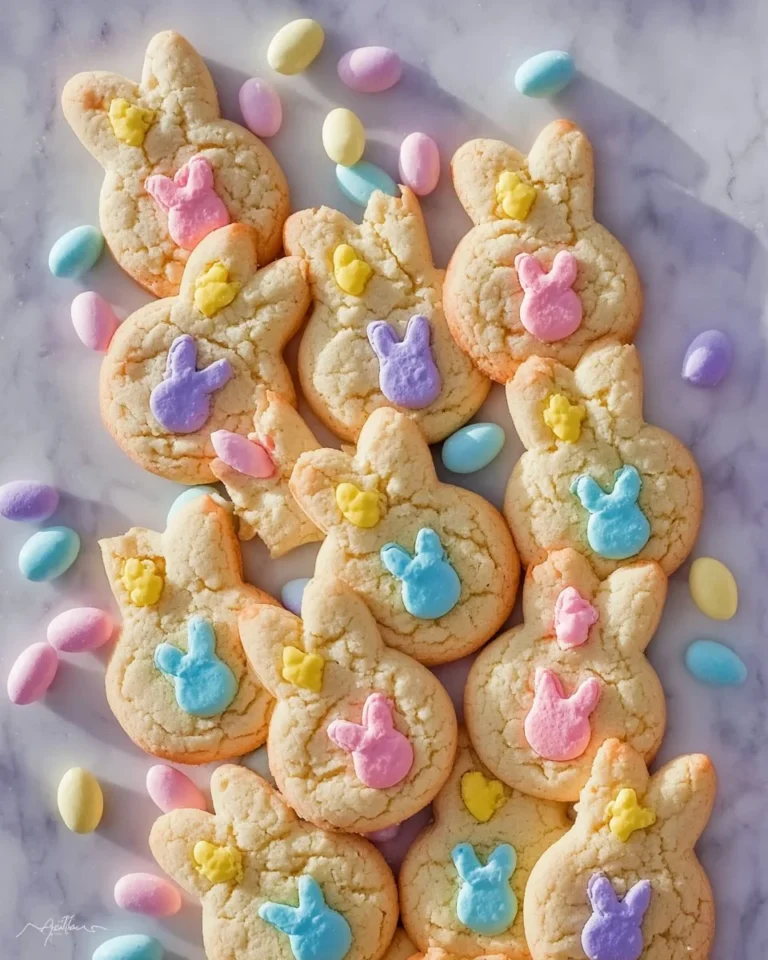 Batch of colorful M&M Bunny Cookies on a white plate for Easter celebration.
