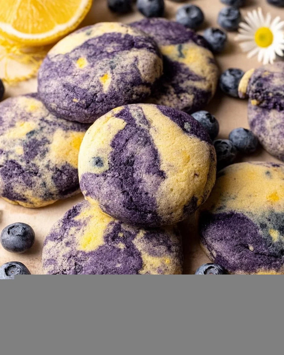 Lemon Blueberry Cheesecake Cookies fresh from the oven, stacked on a plate.
