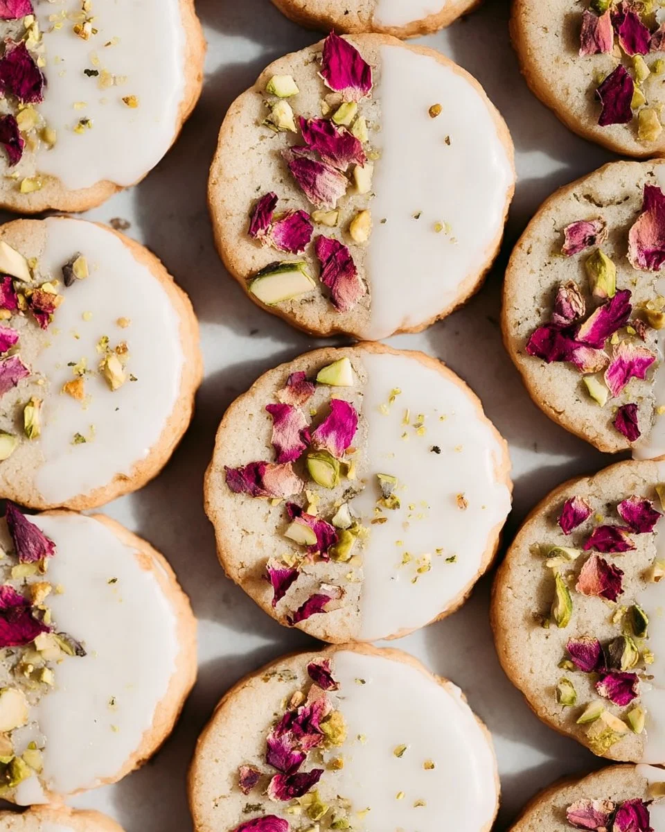 Delicious Persian Love Cookies garnished with pistachios and powdered sugar.