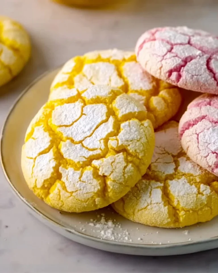 Springtime crinkle cookies fresh from the oven, dusted with powdered sugar.