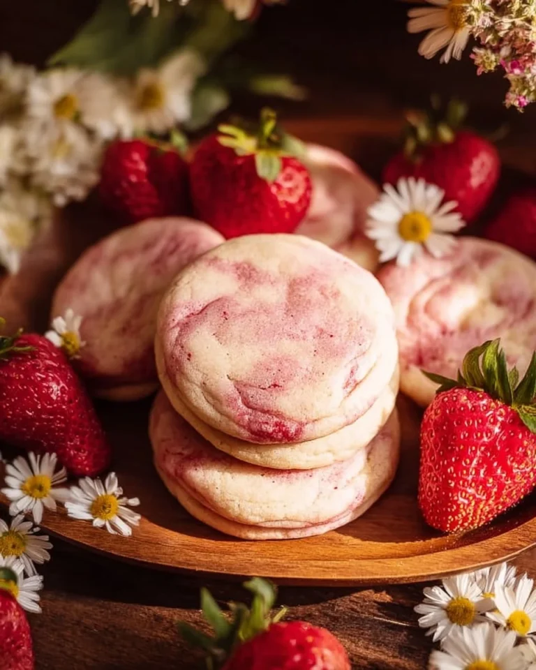 Delicious strawberry cheesecake cookies topped with fresh strawberries and cream cheese frosting.