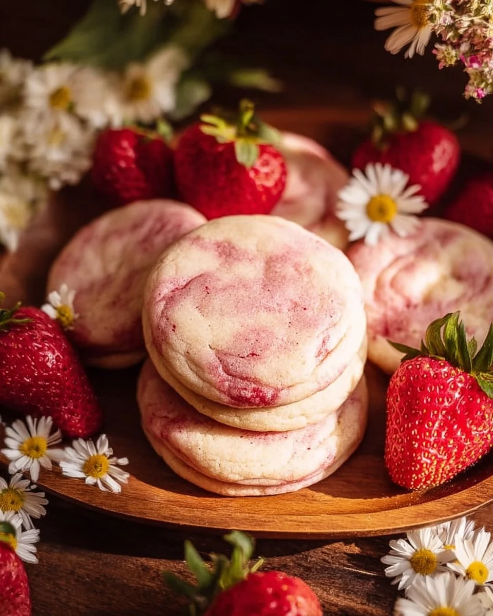 Delicious strawberry cheesecake cookies topped with fresh strawberries and cream cheese frosting.